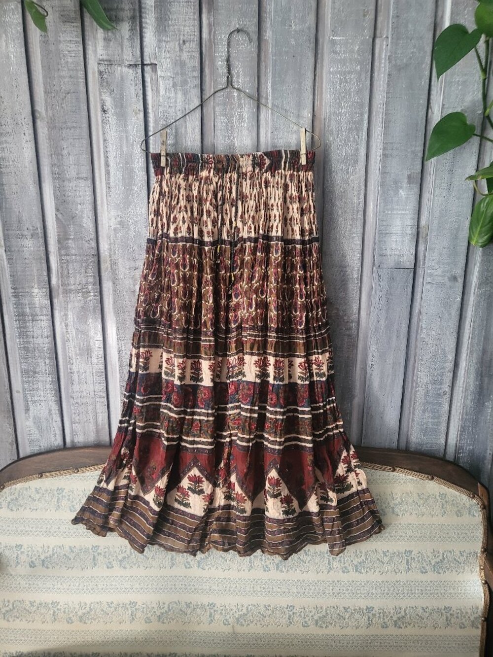 Vintage 90s Indian Cotton Paisley Floral Crinkle Maxi Skirt M Boho